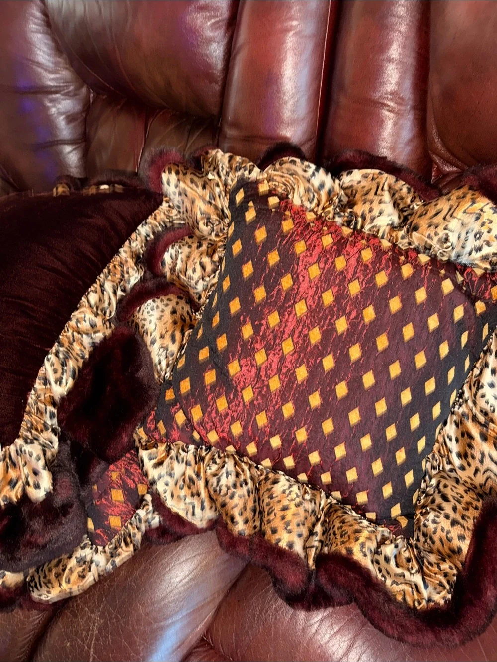 Burgundy Faux-Fur Ruffle Accent Pillow with Leopard Trim